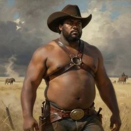 a beautiful dramatic epic painting of a thicc beefy shirtless black man | he is wearing a leather harness and cowboy hat | prairie setting, dust clouds | homoerotic, highly detailed, dramatic lighting | by Mark Maggiori, by William Herbert Dunton, by Charles Marion Russell | trending on artstation