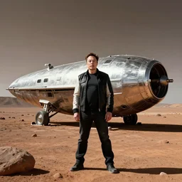 elon musk standing on mars in a bio dome with a stainless steal star ship behind him