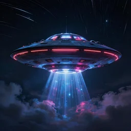 detailed ufo by artstation jaime jasso, dark night, cyberpunk, neon lights, reflections ray, tracingstar trails, dramatic light, fluffy clouds, digital painting, igh detailed, 8 k render, perfect shape, hyperrealistic