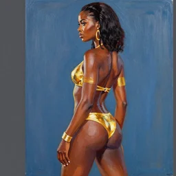 sc - fi movie poster from 6 0's, african dejah thoris seen from the side, gold bikini armor, acrylic painting, by adam hughes