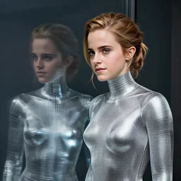 emma watson, statue, chrome, reflect, wireframe, photograph
