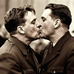 stalin and trotsky kissing, award winning vintage photography, - n 9