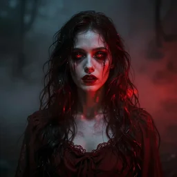 photograph of a creepy woman by qimmy shimmy, scary, red lights, 1 9 1 6, fog, atmospheric