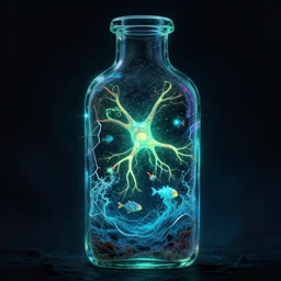 bioluminescent neurons floating bottle of broken glass with a dramatic turbulent ocean, fish robots swimming in the ocean, concept artists, backlit, dark background, intricate, indie studio, realistic, rim lighting, flourecent colors, emotional, sketch, realistic, whimsical, noise, stippling