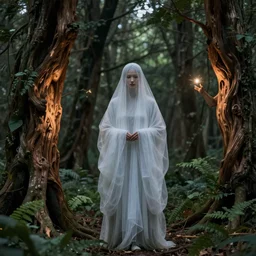 a portrait of the ghost lady of the forest with wood spirit in the trees with will o the wisp, photorealistic, by wlop, 4 k resolution h 7 6 8