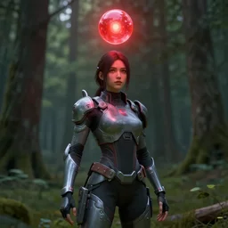 a girl in the woods, wearing futuristic clothes, with a red bright orb shining above her, unreal engine 4k detailed