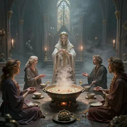 eldritch church of soups soup ceremony in session, beksinski style, 8 k, hyper detail, octane render, artstation trending, soft light, fog