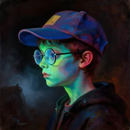 a baroque neoclassicist close - up side profile portrait of a colorful retrofuturistic blacklight uv silhouette of an alien cthulhu boy with a baseball hat and glasses, glowing fog in the background. renaissance portrait painting. highly detailed science fiction painting by norman rockwell, frank frazetta, and syd mead. rich colors, high contrast, gloomy atmosphere, dark background. trending on artstation