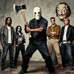 a dangerous man wielding an axe with a bag mask on his head, by reiq and shepard fairey and banksy and cope 2 and salvador dali and frank frazetta and kim jung gi and karl kopinski