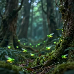 green fire flies in an ancient forest, greg rutkowski, 8 k, shallow depth of field, ultra high detail, concept art,