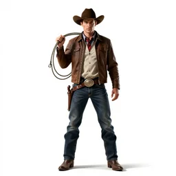 dashing cowboy with lasso, photorealistic portrait photography, full body, standing, isolated on a pure white background, centered, whole figure in frame, sharp focus, studio lighting