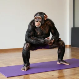 photo of chimpanzee wearing yoga pants doing yoga in a yoga studio on a purple yoga mat, 5 0 mm, beautiful photo