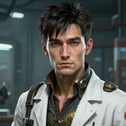 A ruggedly handsome dieselpunk scientist in a lab coat || cute-fine-face, pretty face, realistic shaded Perfect face, fine details. Anime. realistic shaded lighting poster by Ilya Kuvshinov katsuhiro otomo ghost-in-the-shell, magali villeneuve, artgerm, Jeremy Lipkin and Michael Garmash and Rob Rey