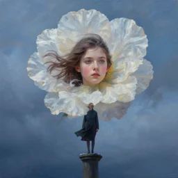 portrait, huge flower head, a girl standing on pillar, surreal photography, wind and cold, dramatic sky, impressionist painting, digital painting, artstation, simon stalenhag