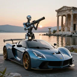 a decadent futuristic sportscar designed by pinifarina and female robot holding a bazooka at a lake in ancient greece, hdr, hyperrealistic, photorealistic, bokeh, volumetric lighting, sunrise background, production i. g. studios style