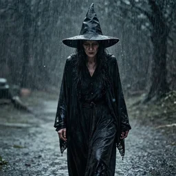 really old witch, walking through heavy rain, melancholic, sad, lots of raindrops, detailed, cinematic, dramatic lighting, by ren hang