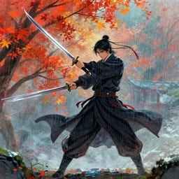 swordsman in autumn rain, epic scene, by victo ngai, kilian eng vibrant colours, dynamic lighting, digital art, winning award masterpiece, fantastically beautiful, illustration, dan mumford, trending on artstation, art by greg rutkowski, 8 k