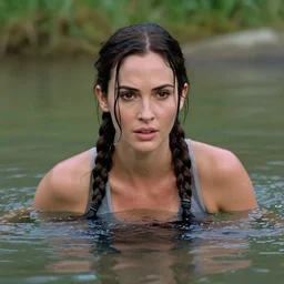 an film still of megan fox as lara croft, emerged from river, focus on face