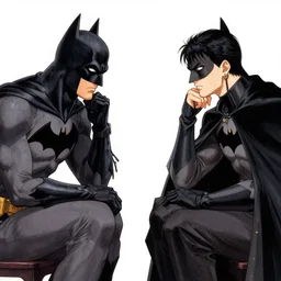 batman discussing problems with philosophers, drawn by Junji Ito