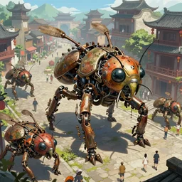 an intricate concept art, illustration, fantasy mechanical large insect biomes in an asian street, megafauna, ultra photorealistic, pinterest, artstation, cgsociety, global illumination, pinterest, digital art, hyper detail, anime colors, style by feng zhu and tyler edlin, hyperrealistic octane render, 8 k