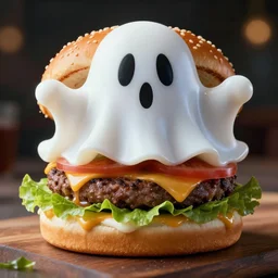 There is a ghost in my burger spooky ghost burger, Realistic, HDR, Clear Image, HDD, Dynamic lighting,