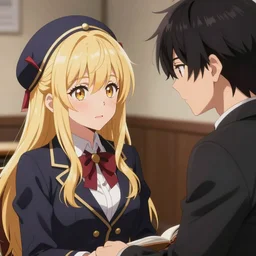blonde anime girl with long hair, wearing headmistress uniform, talking with aloof anime man with emo hair, sharp details, subsurface scattering, intricate details, art by artgerm, anime, anime hd wallpaper, 2 0 1 9 anime screenshot