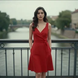 cinemascope still of a woman in a red dress on a bridge over a river. anamorphic 2 x footage, bokeh, 4 k.