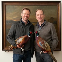 jon taffer posing with a pheasant painting by gaston bussiere, craig mullins
