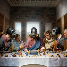 the last supper in gas masks, volumetric golden dappled dynamic lighting, highly detailed, sharp focus, elegant, by michael komarck, greg rutkowski, victo ngai, artgerm, willem claesz heda and j. dicken