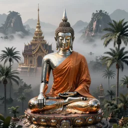 a single detailed robotic thai buddha with an orange robe, high camera angle, mystic atmosphere, a detailed metallic temple on a misty mountain, shiny reflections, high detailed palm trees, volumetric fog, perspective painting, atmospheric shot, cinematic establishing shot, high detail digital painting, in the style of brian despain, dystopian, unreal engine, maya