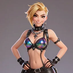 full body digital artwork of tracer overwatch, wearing black iridescent rainbow latex bra, 4 k, expressive happy smug expression, makeup, in style of mark arian, wearing detailed black leather collar, wearing chains, black leather harness, leather cuffs around wrists, detailed face and eyes,
