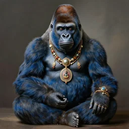 a meditating, blue gorilla with lots of buddhist jewelery by bouguereau