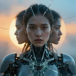 symmetry closeup portrait of a cyborg girl, shattered glass, cinematic light, backlight, orange sky blue, misty, mecha, ( ( by mikhail vrubel ) ), by philippe druillet, by peter elson, by gerald brom, muted colors, ( extreme detail ), trending on artstation, 8 k