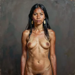 high quality high detail painting by jenny saville, hd, a skinny beautiful indigenous woman tribe leader, photorealistic lighting