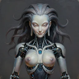 perfectly centered portrait, front view of a beautiful biomechanical android alien robot buddha, female, flowing hair, intense stare, sarcastic smile, symmetrical, concept art, intricate detail, volumetric shadows and lighting, realistic oil painting,
