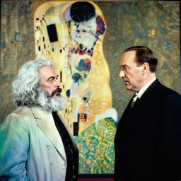 silvio berlusconi talking with karl marx, film still by edward hopper, by Pontormo, by klimt, art noveau, highly detailed, strong lights, liminal, eerie, Bright pastel colors