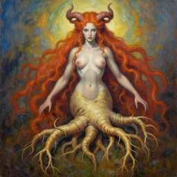 painting of a beautiful rendition of the mythical alraune, the humanoid shaped mandrake root, illustration, artistic, colorful, hyper detailed, in the style of greg rutkowski,