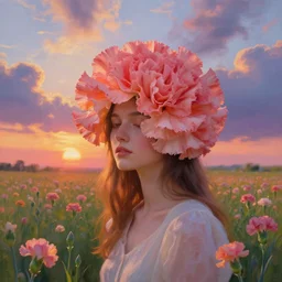 giant carnation flower head and face, girl in a flower field, surreal photography, sunrise dramatic light, impressionist painting, colorful clouds, digital painting, artstation, simon stalenhag, flower face