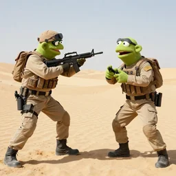 special forces muppets fighting in a desert. photograph from action movie.