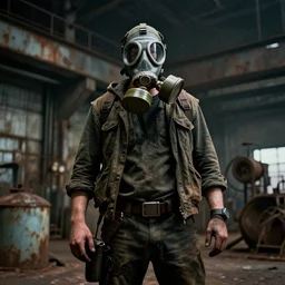 film still of a man wearing post apocalyptic clothes and a gas mask inside a rusty factory, low angle dramatic