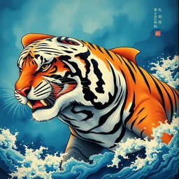 a beautiful painting shark tiger, by ukiyo - e award - winning art color screen printing