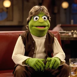 luke skywalker in the muppets movie sitting in a cantina