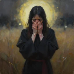priestess of embarrasment. gouache painting by indie concept artist, chiaroscuro, bokeh, backlighting, field of depth, safe for work