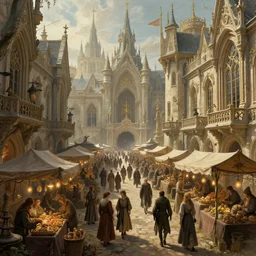 a busy fantasy street market from within a beautiful and ornate city, hyper realistic digital art, beautiful painting, detailed, cinematic, great composition, rococo, dungeons and dragons, lord of the rings, artstation