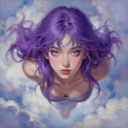 painting by krenz cushart!!, portrait of a beautiful cool girl, purple hair, floating in the clouds, finely detailed features, intricate brush strokes, beautiful lighting, trending on pixiv fanbox.