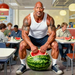 highly detailed norman rockwell painting of dwayne the rock johnson crushing watermelons with his thighs in an ikea cafeteria