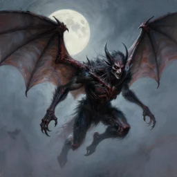 highly detailed painting of sinister male, concept art, horror, his body is covered in bat fur, he has large wings, he flies on a moonlit night, intricate, dynamic pose, top lighting, realistic shaded, pastel shades, expressively loose brush strokes, perfect face, 8 k realistic, hyper detailed, digital painting, artstation, concept art, art by sam spratt, peter