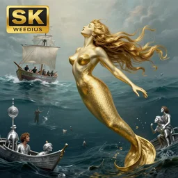 gold and silver tones, alluring siren in the sea attracting a boat of sailors, style of moebius, james jean, rutkowski, mcbess, cinematic, high detail, award winning, 8 k photorealistic