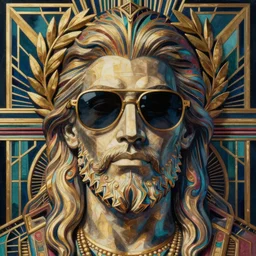 ! dream synthwave art - deco poseidon wearing sunglasses and a laurel wreath | highly detailed | very intricate | symmetrical | cinematic lighting | award - winning | closeup portrait | 8 0 s nostalgia | painted by donato giancola and mandy jurgens and charlie bowater | featured on artstation