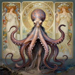 portrait of an octopus goddess, full body shot, rule of thirds, wide angle, amazing landscape in background, fantasy, whimsical, horror, art by chengwei pan and alphonse mucha and josephine wall and amanda sage, intricately detailed, highly detailed, luxurious, elegant, clean, unsettling, trending on artstation